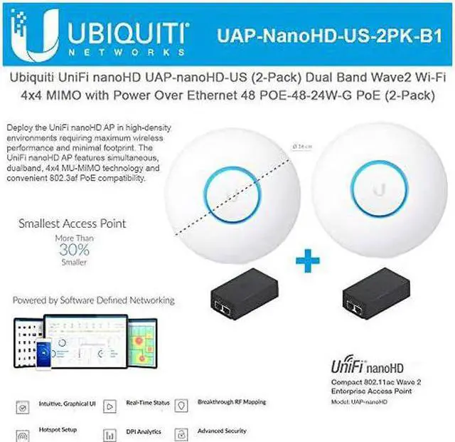 Main image of nanoHD UAP-nanoHD-US (2-Pack) Compact Dual Band Wave2 Enterprise Wi-Fi 4x4 MIMO Power Over Ethernet 48 POE-48-24W-G PoE Included