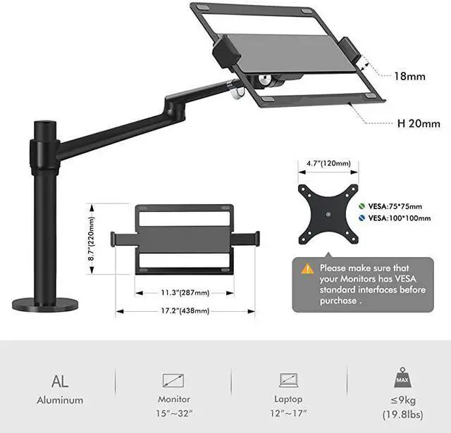 Alt view image 3 of 7 - LaptopNotebookProjector Mount Stand Height Adjustable Single Arm Mount Support 1217 inch LaptopNotebookTablet Free Removable VESA 75X75 and 100X100 for Monitor 1732 inch
