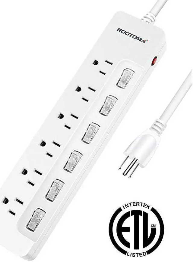 Main image of Individual Switched Power Strip Surge Protector with 6OutletETL Certified6Foot 14AWG Long Extension Cord 1875W15A Wall Mount for Office Dorm Home Theatre