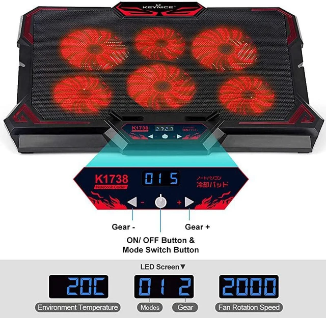 Alt view image 2 of 7 - Laptop Cooling, 12-17 inch Laptop Cooling Pad, Laptop Cooler with 6 Quiet Fans, Dual USB Port, 5 Wind Speed Adjustable, Red LED Light, Gaming Cooling Fan for Laptop, Portable Notebook Cooler