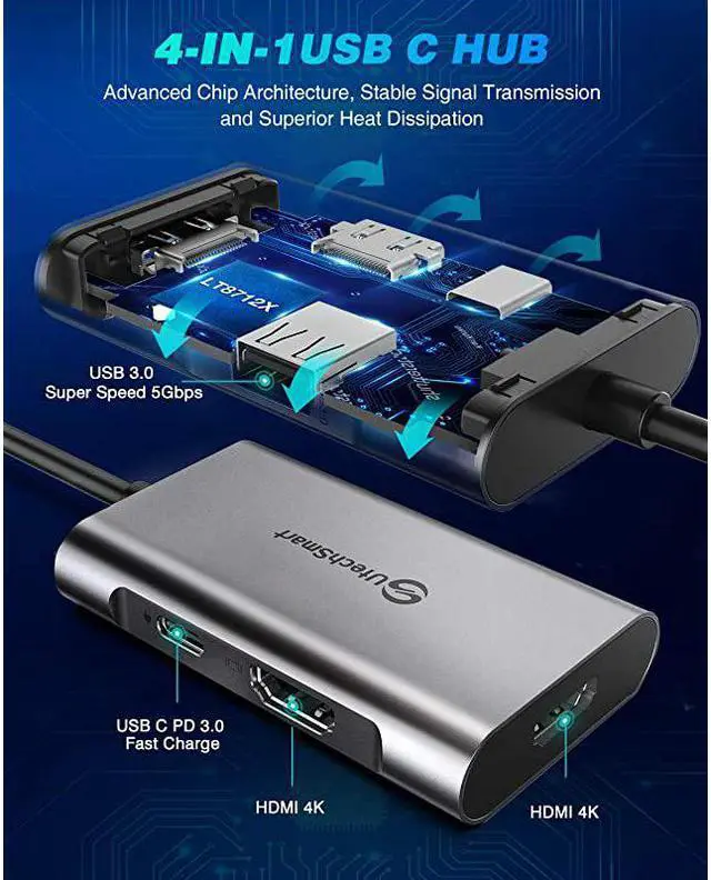 Alt view image 2 of 7 - USB C to HDMI Adapter  USB C Hub to Dual HDMI 4 in 1 Thunderbolt 3 to HDMI with 2 HDMI Ports 4KUSB 30 PortPower Delivery Type C Port Compatible for MacBookNintendo SwitchUSB C Device