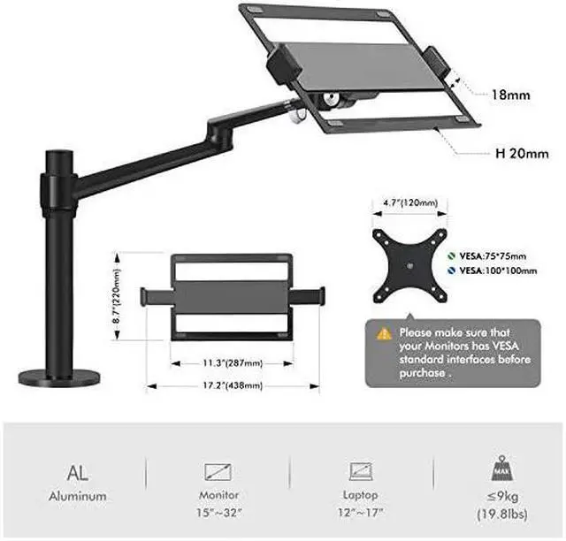 Alt view image 3 of 7 - LaptopNotebookProjector Mount Stand Height Adjustable Single Arm Mount Support 1217 inch LaptopNotebookTablet Free Removable VESA 75X75 and 100X100 for Monitor 1732 inch