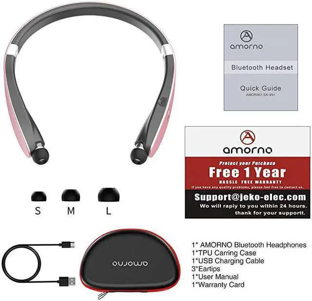 Alt view image 7 of 7 - Foldable Bluetooth Headphones Wireless Neckband Headset with Retractable Earbuds Sports Sweatproof Noise Cancelling Stereo Earphones with Mic