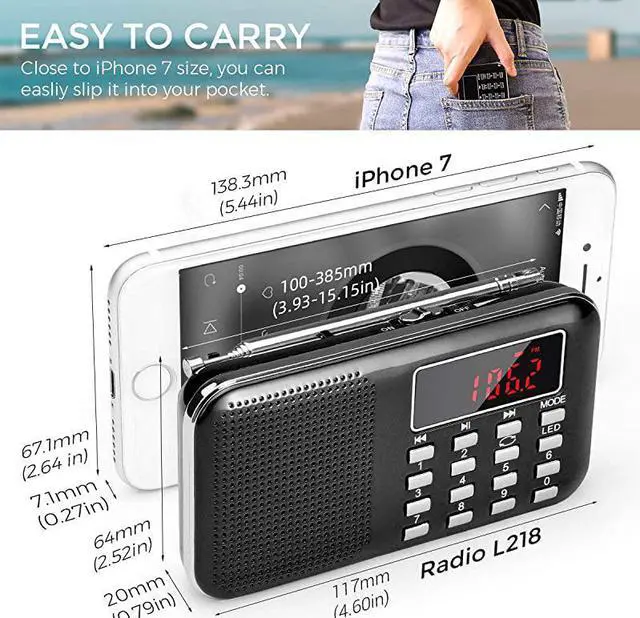 Alt view image 3 of 7 - Mini Portable Radio AM FM Pocket Radio with LED Flashlight Digital Radio Speaker Support Micro SDTF CardUSB Auto Scan Save 1200mAh Rechargeable Battery Operated by Latest Version