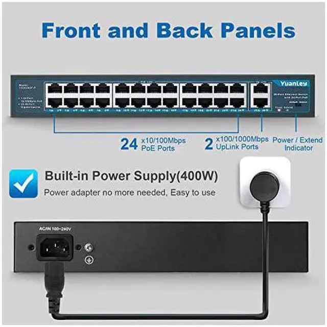 Alt view image 3 of 7 - 26 Port PoE Switch 24 PoE+ Port 100Mbps 2 Uplink Gigabit 8023afat 400W High Power Rackmount Unmanaged Plug and Play