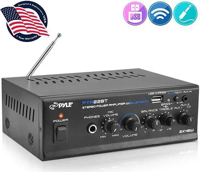 Main image of Bluetooth Mini Blue Series Home Audio Amplifier Compact Desktop Home Theater Stereo Amplifier Receiver with USB Charge Port | Pager Mixer Karaoke Modes | Mic Input 40 Watt x 2 |  PTA22BT 2X2X2
