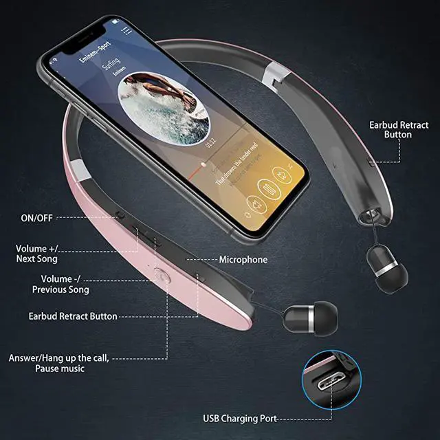 Alt view image 2 of 7 - Foldable Bluetooth Headphones Wireless Neckband Headset with Retractable Earbuds Sports Sweatproof Noise Cancelling Stereo Earphones with Mic