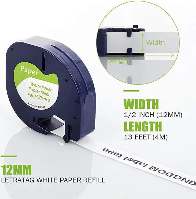 Alt view image 4 of 7 - Compatible Tape Replacement for DYMO LetraTag White Paper Refill 91330 10697, 1/2" x 13' 12mm x 4m Black on White Maker Tape for dymo Letra Tag LT-100H Plus Printer, 5-Pack