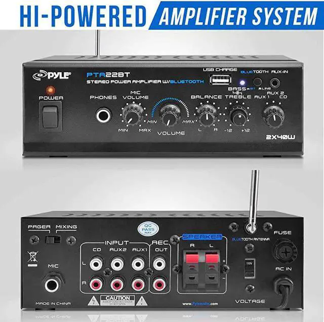 Alt view image 2 of 7 - Bluetooth Mini Blue Series Home Audio Amplifier Compact Desktop Home Theater Stereo Amplifier Receiver with USB Charge Port | Pager Mixer Karaoke Modes | Mic Input 40 Watt x 2 |  PTA22BT 2X2X2