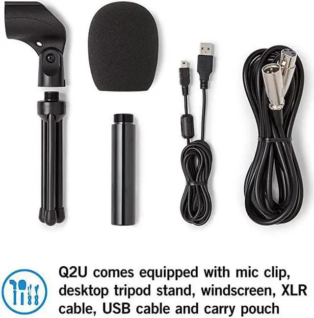 Alt view image 3 of 3 - Q2U USBXLR Dynamic Microphone Recording and Podcasting Pack Includes Mic Clip Desktop Stand Windscreen and Cables silver