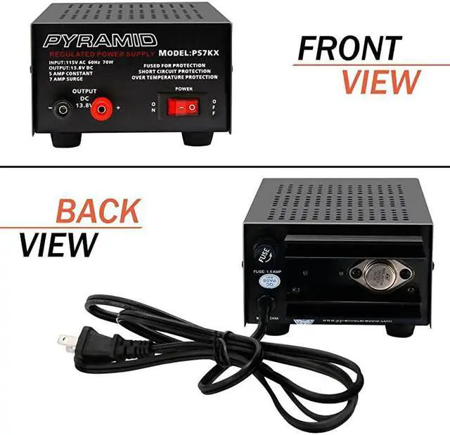 Alt view image 2 of 6 - Universal Compact Bench Power Supply - 5 Amp Linear Regulated Home Lab Benchtop AC-to-DC 12V Converter w/ 13.8 Volt DC 115V AC 70 Watt Power Input, Screw Type Terminals, Cooling Fan -  PS7KX