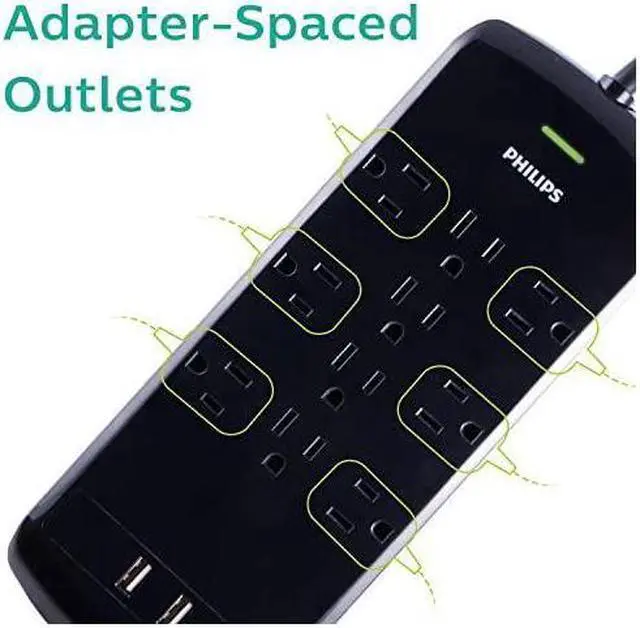 Alt view image 6 of 7 - 10 Outlet Power Strip Surge Protector, 2 USB Charging Ports, 6ft Long Power Cord, Flat Plug, Wall Mount, 2880 Joules, ETL Listed, Circuit Breaker, Automatic Shutdown, Black, SPP6710BC/37