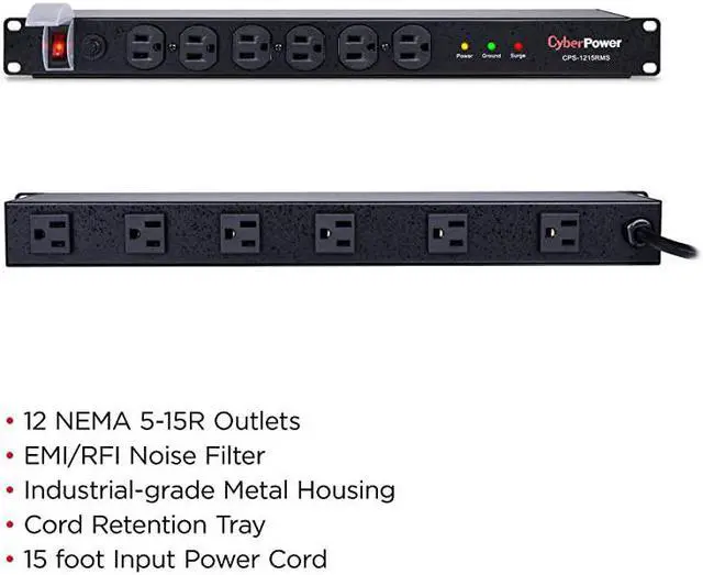 Alt view image 4 of 5 - CPS1215RMS Surge Protector 120V15A 12 Outlets 15ft Power Cord 1U Rackmount Black