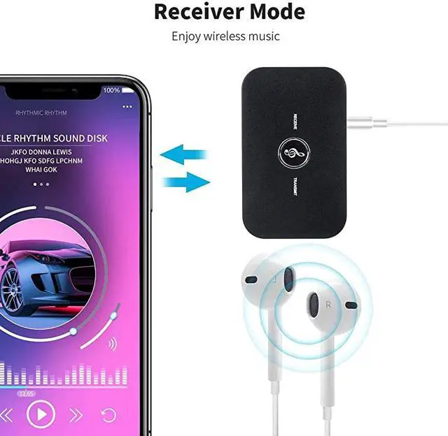 Alt view image 5 of 7 - Bluetooth 5.0 Transmitter Receiver,  2-in-1 Wireless 3.5mm Adapter, Low Latency Bluetooth Audio Adapter for Wired Speakers, Headphones,Car,iPod, Home Stereo System