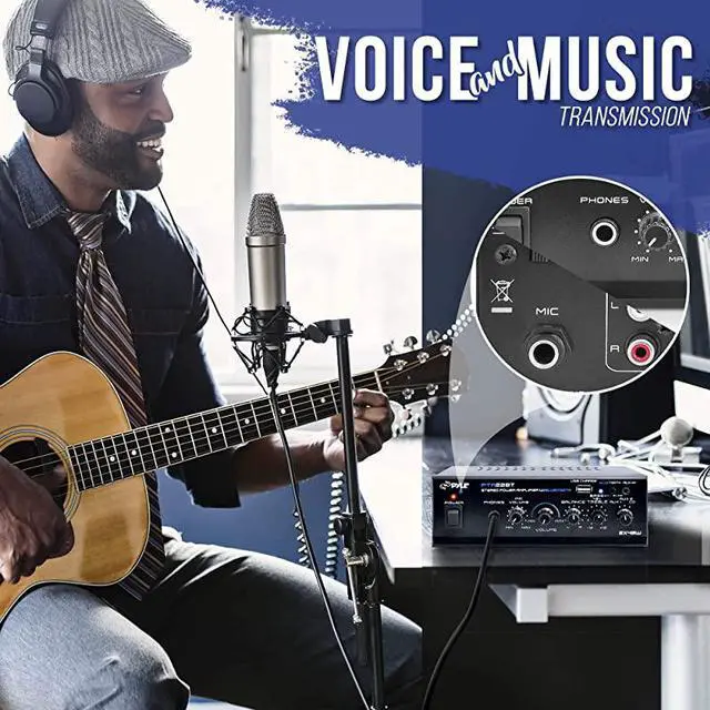 Alt view image 4 of 7 - Bluetooth Mini Blue Series Home Audio Amplifier Compact Desktop Home Theater Stereo Amplifier Receiver with USB Charge Port | Pager Mixer Karaoke Modes | Mic Input 40 Watt x 2 |  PTA22BT 2X2X2