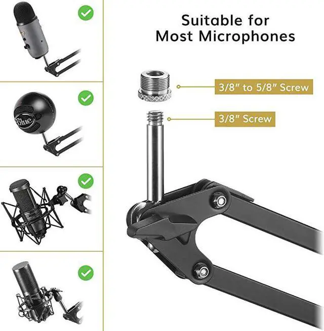 Alt view image 5 of 7 - Microphone Arm Stand  Adjustable Suspension Boom Scissor Mic Stand with Pop Filter 38quot to 58quot Adapter Mic Clip Upgraded Heavy Duty Clamp for Blue Yeti Nano Snowball Ice and Other MicsT20
