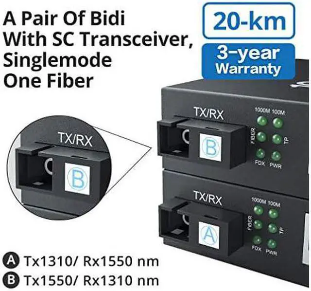 Alt view image 2 of 7 - Pir of Gigbit Ethernet Bidi MediConverter Single SC Fiber Connector singlemode 1310nm 20km