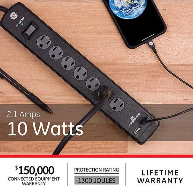 Alt view image 7 of 7 - 7 Strip Sur Protector with 2 Port USB Charr 3 Ft Power Cord Twist to Close Safety Outlets1300 Joules 21A10W UL Listed Black 33664