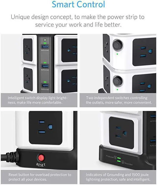 Alt view image 4 of 7 - USB Power Strip 8Outlet Surge Protector 1500 Joules with 40W8A 6 USB Charging StationETL ListedDorm Room Accessories
