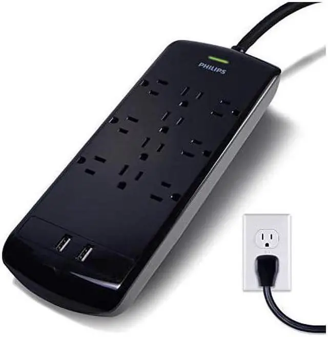 Main image of 10 Outlet Power Strip Surge Protector, 2 USB Charging Ports, 6ft Long Power Cord, Flat Plug, Wall Mount, 2880 Joules, ETL Listed, Circuit Breaker, Automatic Shutdown, Black, SPP6710BC/37