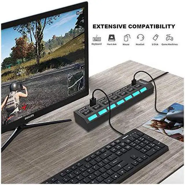 Alt view image 4 of 7 - Port USB Splitter 7Ports USB 20 Hub High Speed ONOff Individual Switch with LEDs Compatible for All USB Device Black7 Ports