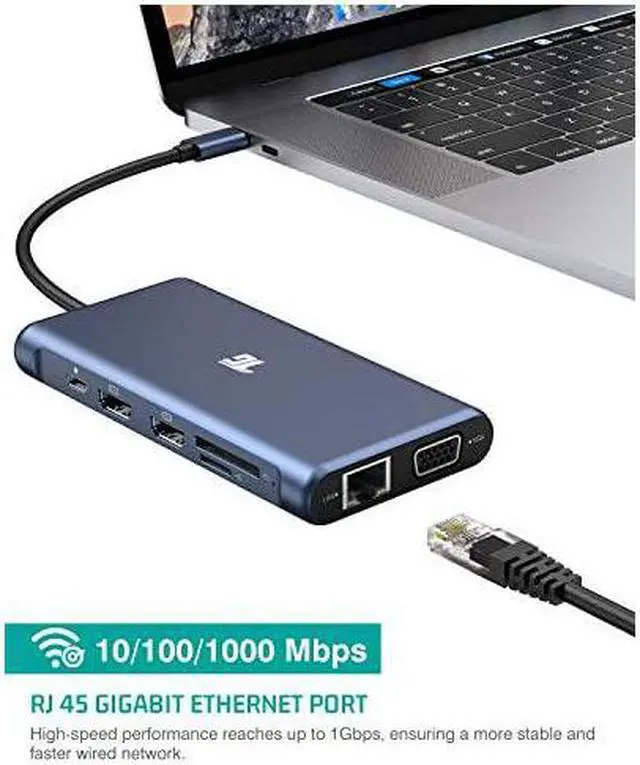 Alt view image 6 of 7 - USB C Hub USB C Adapter  12 in 1 Triple Display Adapter with Dual 4K HDMI VGA 100W Pd 30 RJ45 Ethernet USBA USBC Ports TfSD Card Reader for MacBook and TypeC Laptops