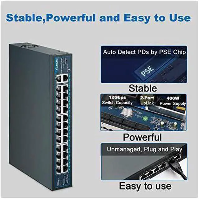 Alt view image 4 of 7 - 26 Port PoE Switch 24 PoE+ Port 100Mbps 2 Uplink Gigabit 8023afat 400W High Power Rackmount Unmanaged Plug and Play