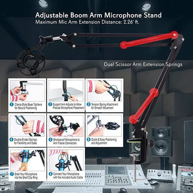 Alt view image 4 of 7 - Suspension Microphone Boom Stand Simple ClampStyle Installation Desktop Scissor Spring Arm Mic Stand w Shock Mount Quick Setup attached Maximum Mic Arm Extension Dst= 226 ft  PMKSH01