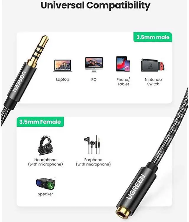 Alt view image 4 of 7 - 35mm Male to Female Extension Cable with Microphone Stereo Audio Adapter Compatible for iPhone iPad Smartphones Tablets Media Players 6FT