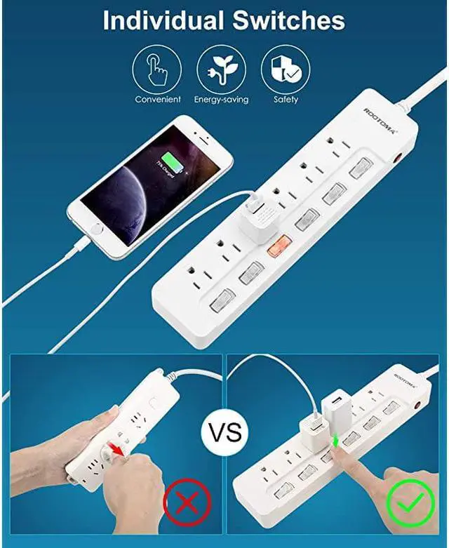 Alt view image 2 of 7 - Individual Switched Power Strip Surge Protector with 6OutletETL Certified6Foot 14AWG Long Extension Cord 1875W15A Wall Mount for Office Dorm Home Theatre