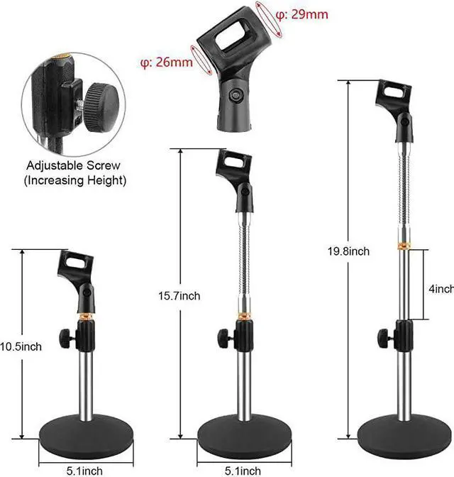 Alt view image 3 of 7 - Microphone Stand Desk Mic Stand Desktop Microphone Stand Adjustable Tabletop Microphone Stand with Gooseneck Mic Clip 58quot Male to 38quot Female Screw for Blue Yeti Snowball Christmas gift