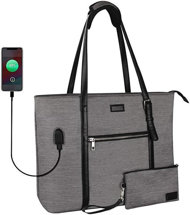USB Port Laptop Tote Bag Organizer Business Briefcase with Small Purse Gray
