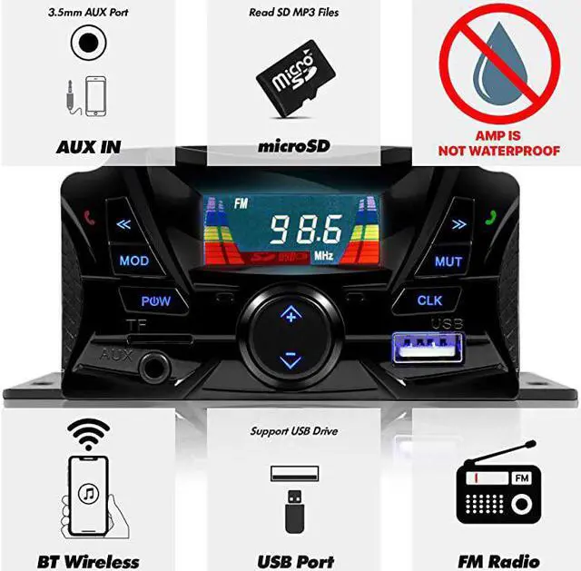 Alt view image 2 of 7 - TS3-Q Gen.2 Motorcycle Weatherproof Bluetooth Speakers 7/8-1 in. Handlebar Mount MP3 Music Player Sound Audio Stereo Amplifier System ATV UTV w/AUX in, USB, Micro SD, FM Radio, 4-Speaker