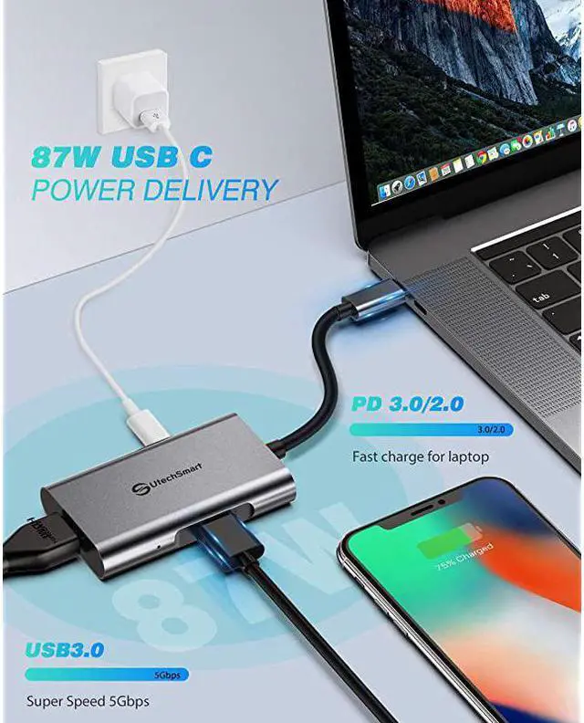 Alt view image 7 of 7 - USB C to HDMI Adapter  USB C Hub to Dual HDMI 4 in 1 Thunderbolt 3 to HDMI with 2 HDMI Ports 4KUSB 30 PortPower Delivery Type C Port Compatible for MacBookNintendo SwitchUSB C Device