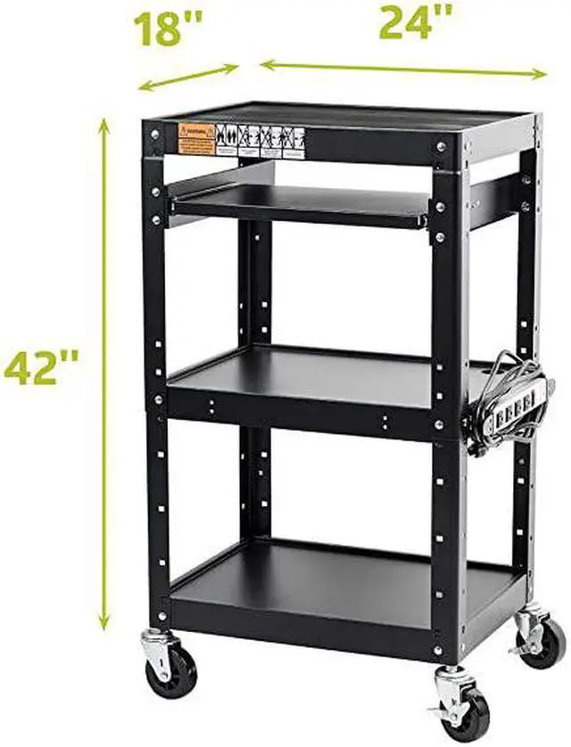 Alt view image 2 of 7 - AV Presentation Cart Stand for Video Projector TV Laptop Computers PrintersMetal Construction Rolling Storage Cart with Adjustable Shelves 4 Wheels 4 Outlets 12ft Cord Black