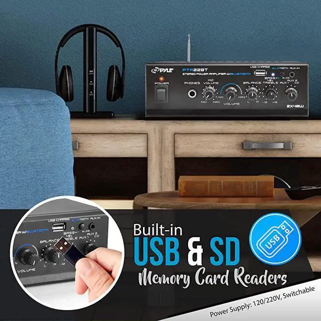 Alt view image 3 of 7 - Bluetooth Mini Blue Series Home Audio Amplifier Compact Desktop Home Theater Stereo Amplifier Receiver with USB Charge Port | Pager Mixer Karaoke Modes | Mic Input 40 Watt x 2 |  PTA22BT 2X2X2