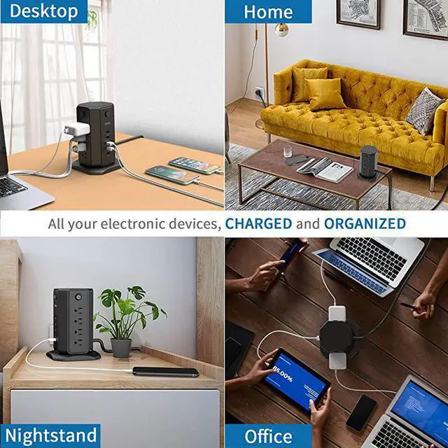 Alt view image 5 of 7 - Strip Tower NTONSurge Protector Flat Plug with Individual Switches 8 Outlets and 5 USB Desktop Charging Station 6ft Heavy Duty Extension Cord Circuit Breaker for Home Office Dorm Room