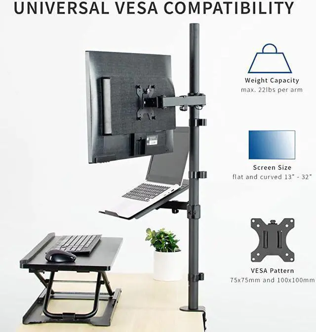 Alt view image 3 of 7 - Black Fully Adjustable 13 to 32 inch Single Computer Monitor and Laptop Desk Mount Combo, Stand with Grommet Option, Fits up to 17 inch Laptops STAND-V002C