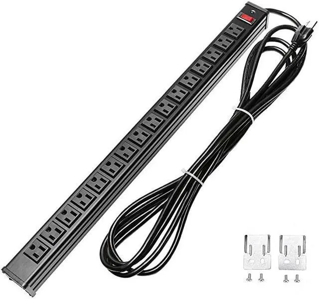 Main image of Rack Mount Power Outlet 16 Outlet Heavy Duty Aluminum Socket AntiThunder Power Strip with 15Foot Extension Cord Surge Protector Duty Multi Plug Outlet with Smart Circuit Breaker Black