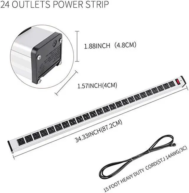 Alt view image 3 of 5 - Protector Power Strip 24outlet ETL Certified Long Heavy Duty Metal Power Strip with 15Foot Long Extension Power Cord