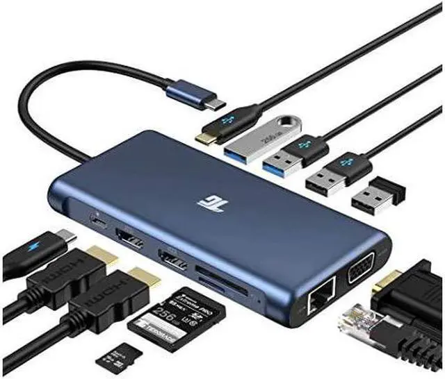 Main image of USB C Hub USB C Adapter  12 in 1 Triple Display Adapter with Dual 4K HDMI VGA 100W Pd 30 RJ45 Ethernet USBA USBC Ports TfSD Card Reader for MacBook and TypeC Laptops