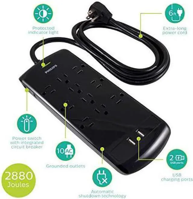 Alt view image 2 of 7 - 10 Outlet Power Strip Surge Protector, 2 USB Charging Ports, 6ft Long Power Cord, Flat Plug, Wall Mount, 2880 Joules, ETL Listed, Circuit Breaker, Automatic Shutdown, Black, SPP6710BC/37