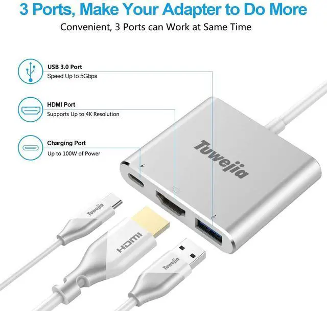 Alt view image 2 of 7 - USB C to HDMI Multiport Adapter Tuwejia USB 3.1 Gen 1 Thumderbolt 3 to HDMI 4K Video Converter/USB 3.0 hub Port PD Quick Charging Port with Large Projection for 2015/16/17/18 MacBook/MacBook Pro/Chr