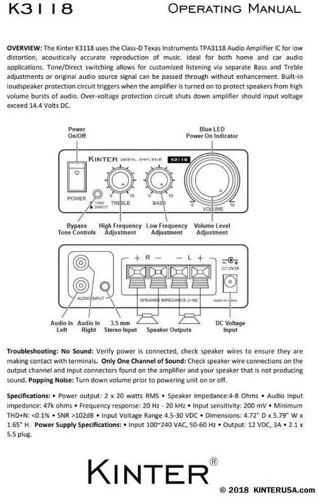 Alt view image 5 of 6 - Kinter K3118 Texas Instruments TI Digital Hi-Fi Audio Mini Class D Home Auto DIY Arcade Stereo Amplifier with 12V 3A Power Supply Black