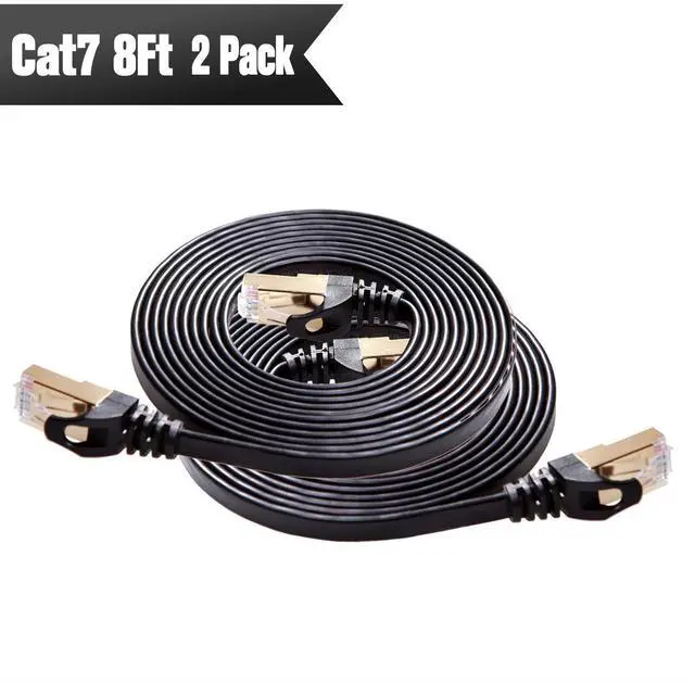 Main image of Cat 7 Shielded Ethernet Cable 8ft 2pack (Highest Speed Cable) Cat7 Black Flat Internet Network Cables, for Modem, Router, LAN, Computer