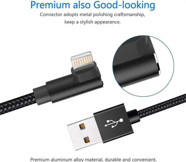 Alt view image 3 of 6 - Extra Long Durable Charging Cable, 3 Pack 10ft USB A to 90 Degree Aluminum Alloy Charging Cord Compatible with iPhone 13/12/11/Pro/Xs Max/XS/XR/7/7Plus/X/8/8Plus/6S/6S Plus/SE (Black, 10ft)