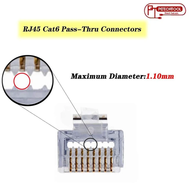 Alt view image 3 of 6 - RJ45 Cat6 Cat5e Pass Through Connectors 100 Packs Gold Plated 3 Prong 8P8C Modular Ethernet UTP Network Cable Plug for Unshielded Twisted Pair Solid Wire & Standard Cables