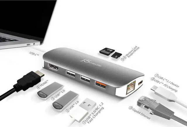 Alt view image 3 of 20 - j5create USB-C Multi Adapter-HDMI / Ethernet / USB 3.1 / PD 3.0 / Memory Card Reader / Writer