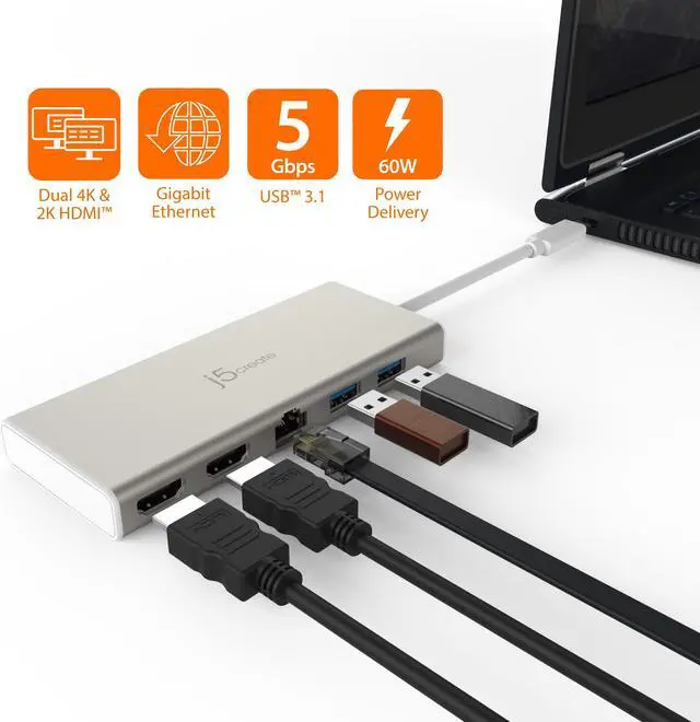 Alt view image 6 of 20 - j5create USB Type-C™ Dual HDMI Mini Dock-Ethernet/ USB 3.1 HUB / PD2.0