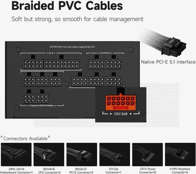 Alt view image 6 of 7 - PCCOOLER CPS YS850 Fully Modular Power Supply, 80 PLUS Gold 850W PSU, 12V-2x6 Cable,  ATX 3.1 & PCIe 5.1 Ready, 105°C Rated Japanese Capacitors, ECO Mode, 135mm FDB Fan, 12 Years Warranty